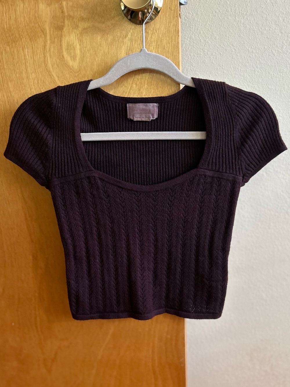 Women's Ribbed Short Sleeve Square Neck Top - Dark Plum